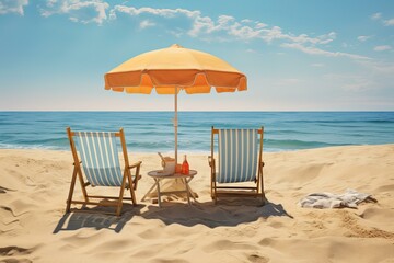 Two striped beach chairs and an orange umbrella on a sunny beach with clear blue sky and calm sea