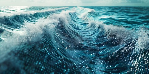 Binary Code Abstract Ocean Waves Over Digital Background - Technology Concept Art