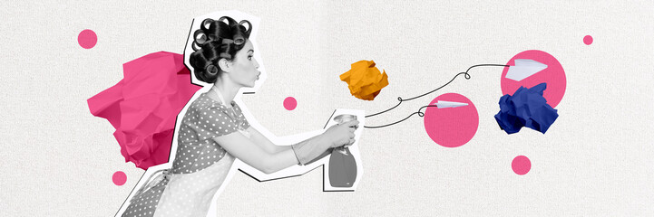 Trend artwork sketch collage of horizontal panorama silhouette paper plane message fly origami young housewife lady old style clean spray