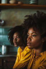 Naklejka premium Thoughtful Young Women Sitting in Kitchen, Quiet Moments, Natural Lighting