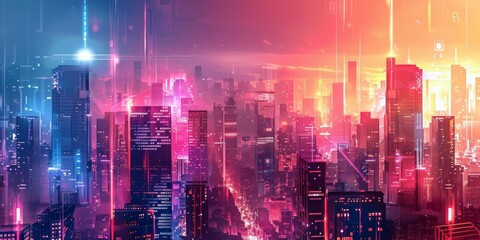 Fototapeta premium Digital CityscapeData Tower Buildings in Futuristic Style at Night