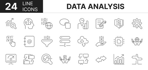 Collection of 24 data analysis line icons featuring editable strokes. These outline icons depict various modes of data analysis, big data, human analysis, thin line icon, outline, 