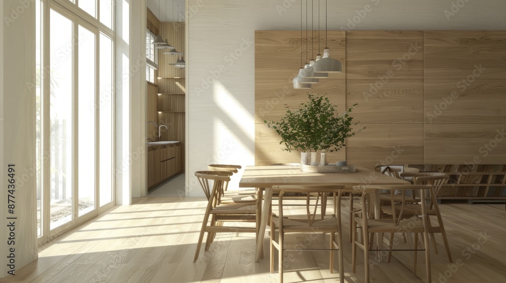 Sticker Minimalist dining room with wood furnishings Loft with dining area and wooden table