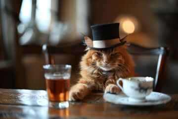 A debonair cat in a top hat raises a toast to celebrate Hug Your Cat Day, surrounded by a warm and cozy atmosphere. The cat's joyful expression and elegant attire make for a charming scene.