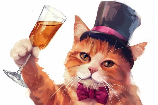 A debonair cat in a top hat raises a toast to celebrate Hug Your Cat Day, surrounded by confetti and balloons. The illustration is a playful and colorful tribute to our feline friends. - Powered by Adobe