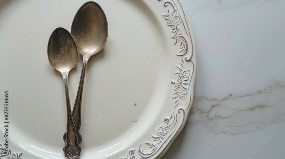 Poster aged silver spoon pattern on round plate on white table with space for text