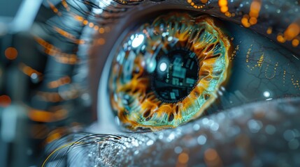A close-up image of a cyborg eye with glowing circuitry. The eye is open and looking directly at the viewer.
