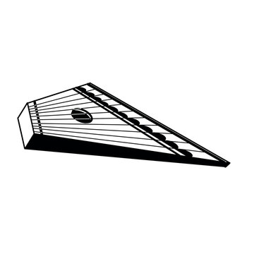 Gusli is an East Slavic multi-stringed plucked instrument. Vector illustration. All objects are hand-drawn in black in vector. Suitable for printing on invitations, posters, postcards.