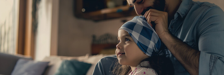 Father Tying Headscarf on Daughter at Home A Bonding Moment of Love and Care