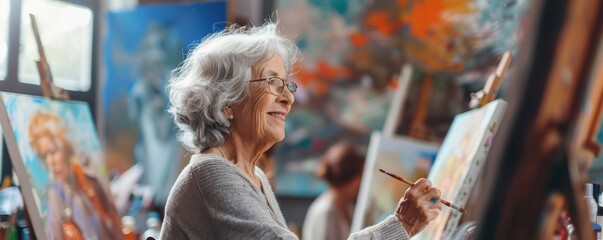Senior lady enjoying painting in a studio.