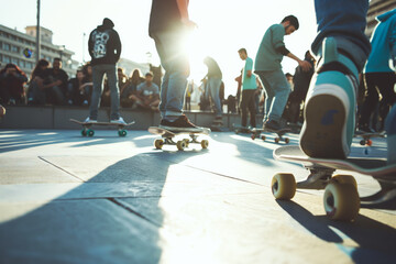 Obraz premium Urban Skateboarding Scene at Sunset with Crowd and Skaters in Action