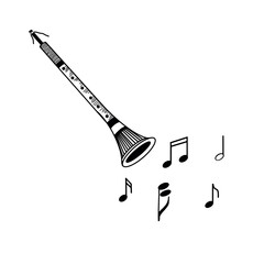 Musical folk instrument. Russian folk instrument - zhaleika, pipe, hand-drawn in vector on a white background. Suitable for printing on fabric, posters, cards, invitations.