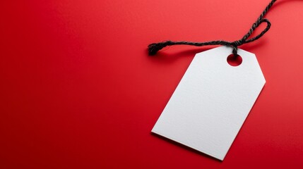 A blank white tag with a black string against a red background