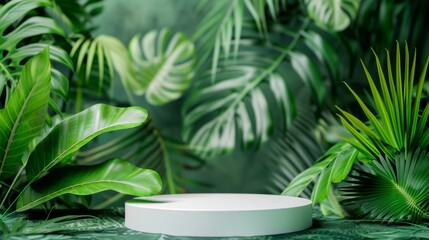 White round podium mockup with tropical leaves