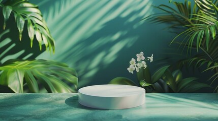 Obraz premium White round podium mockup with tropical leaves