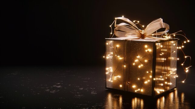 A translucent gift box tied with a ribbon and illuminated from within by string lights