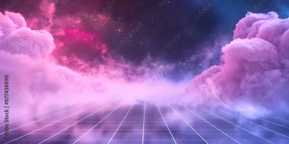 Aufkleber creating a retro synthwave background with laser grid, starry sky, and smoke particles. concept synt