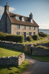 A stone cottage nestled among the emerald hills of ireland © Andrey