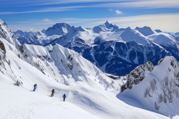 Fototapeta premium Adventurous skiers glide down a pristine alpine slope with breathtaking mountain views under a clear blue sky