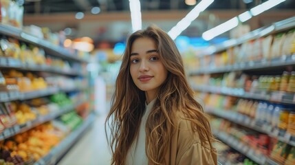 Woman with shopping cart in supermarket aisle