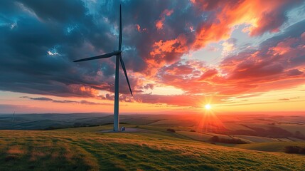 Obraz premium A wind turbine is standing in a field with a beautiful sunset in the background