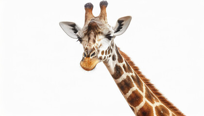 Obraz premium A fun and quirky portrait of a giraffe, upside down, its long neck and curious face presented against a stark white background, a playful twist on wildlife photography