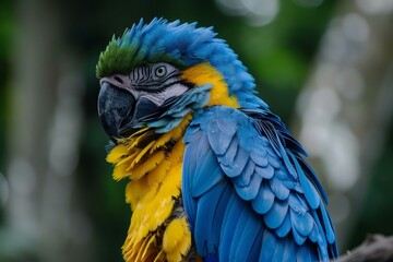 Obraz premium Blue and yellow macaw parrot perched on a branch, turning its head to the side