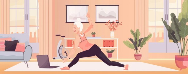 A senior woman is doing yoga in a living room. Illustration.