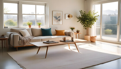 Fototapeta premium A living room in an edwardian house with a square bay window and chimney breast that has been converted into a bedroom