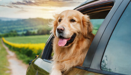 A golden retriever dog peers out from the top of the van.