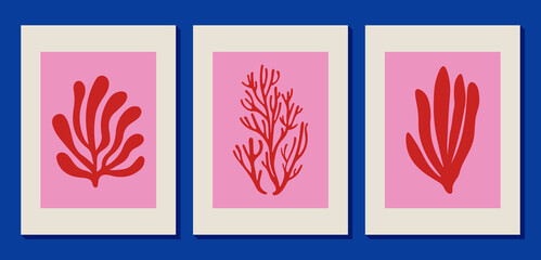 Contemporary abstract poster. Simple stylized seaweed. Matisse inspired. Red modern algae and corals. Hand drawn nature shapes in minimal style. Perfect for marine-themed, underwater scenes and print. © Alice Unicorn