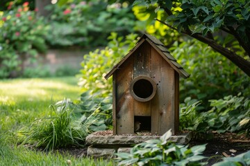 Rustic wooden birdhouse providing a safe haven for birds in a tranquil garden setting