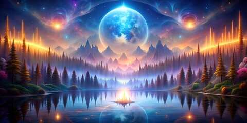 abstract landscape with large moon in sky mountain range reflection mirrored still body water