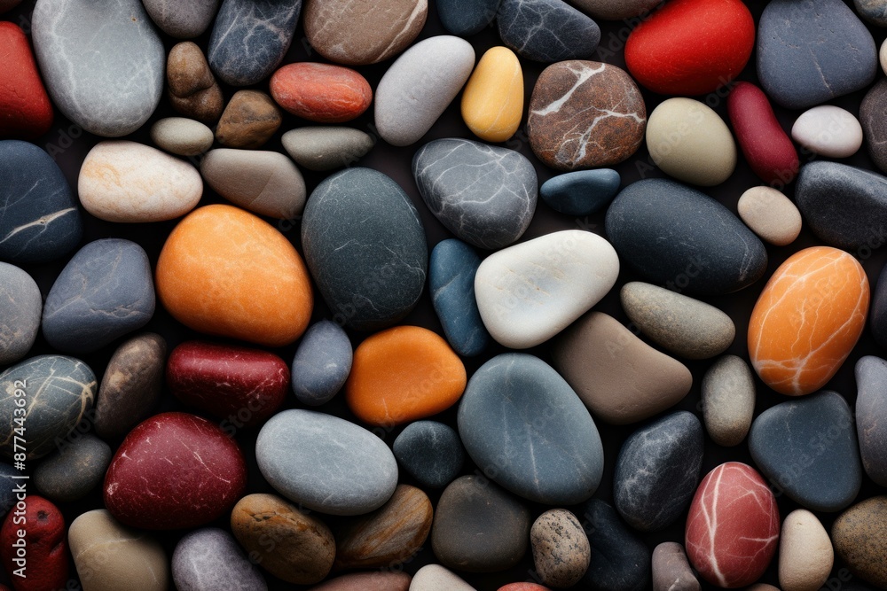 Poster close-up image displaying a variety of colorful smooth stones filling the frame