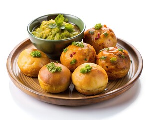 litti chokha indian traditional cultural golden brown fried snacks garnished with green herbs on white background