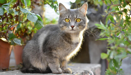 Grey and white cat itting in front of white background