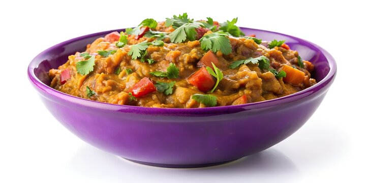 purple bowl of stew garnished fresh herbs cilantro prepared meal recipe baingan bharta indian food isolated on white background