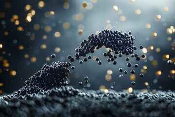 Black caviar levitation in the air on dark and gold bokeh background. Copy space for text. Concept: Appetizer dish, delicacy, expensive food, seafood, healthy food, banner for new year