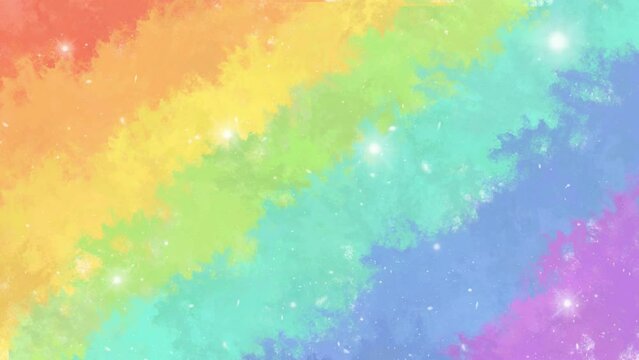 Colorful rainbow watercolor motion background, vibrant pastel gradient glitter loop, festive sparkling pride art backdrop