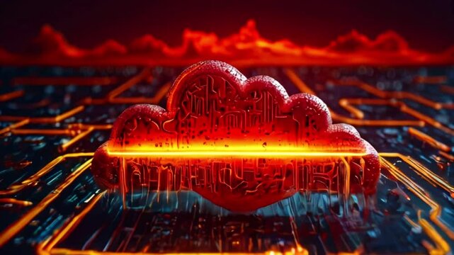 A red cloud with a glowing yellow line in the center sits on a circuit board.