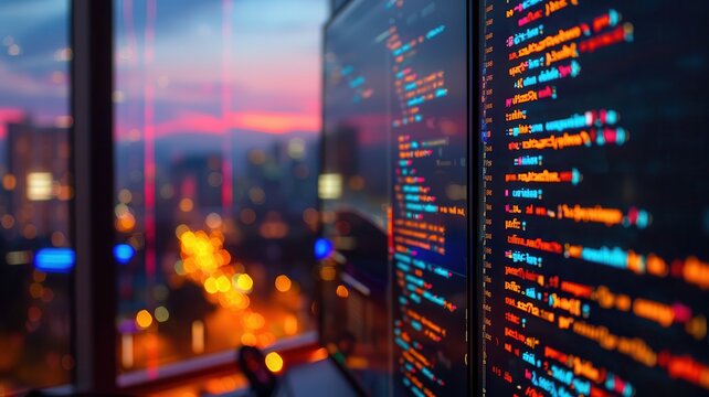 Colorful code on computer screens in a modern office with a city skyline view at sunset, highlighting technology and urban development.