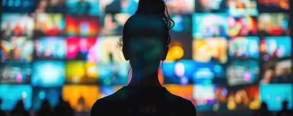 Silhouette of a person facing a vibrant, colorful wall of multimedia screens, showcasing diverse content in a digital landscape.