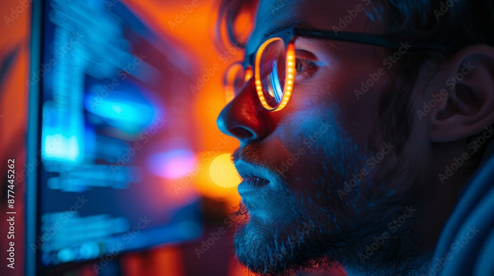 Poster a close-up shot of a mans face illuminated by a computer screen. he is wearing glasses and looking i