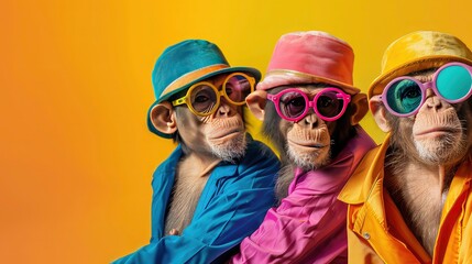 Creative animal concept. Group of monkey in funky Wacky wild mismatch colorful outfits isolated on bright background advertisement, copy space. birthday party invite invitation banner.