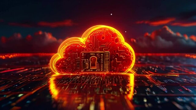 This is a glowing red cloud with a lock on it. The cloud is over a circuit board.