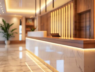 Modern, empty hotel reception desk with elegant lighting and design. Hospitality, travel, and luxury accommodation concept.