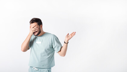 Stressing bearded man isolated on white background