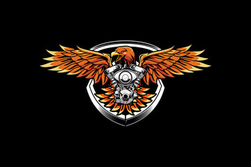 eagle with v-twin engine animal cartoon character logo vector