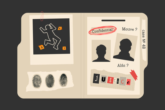 Vintage crime investigation file with halftone elements. Fingerprints, a crime scene photo, suspect silhouettes. Retro Y2K mixed media design. Perfect for mystery, detective, crime-themed projects.