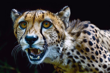 Obraz premium A cheetah with wide eyes and open mouth, expressing ferocity